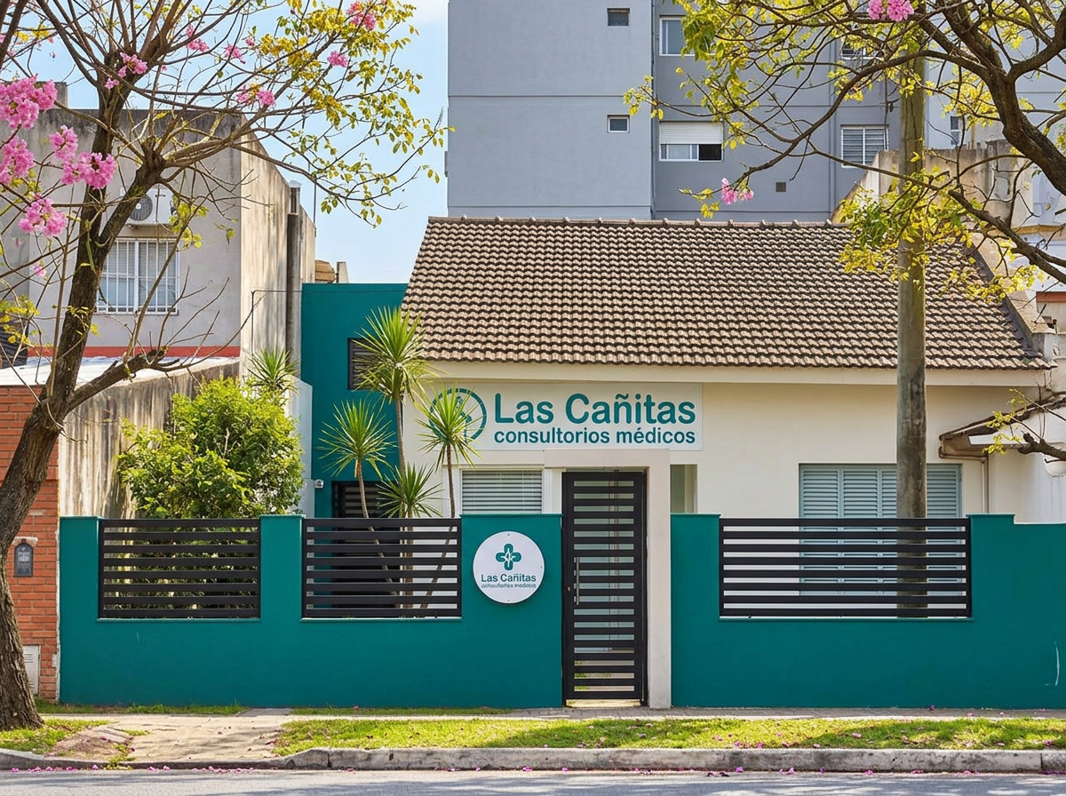 Vista exterior del Centro Médico Las Cañitas entre árboles florecidos